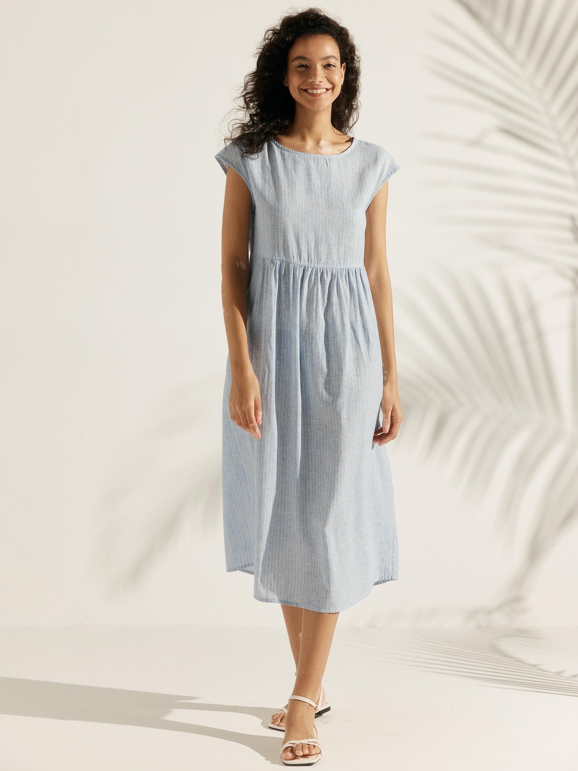 100% Linen Cap Sleeve Washed Midi Dress JOAN